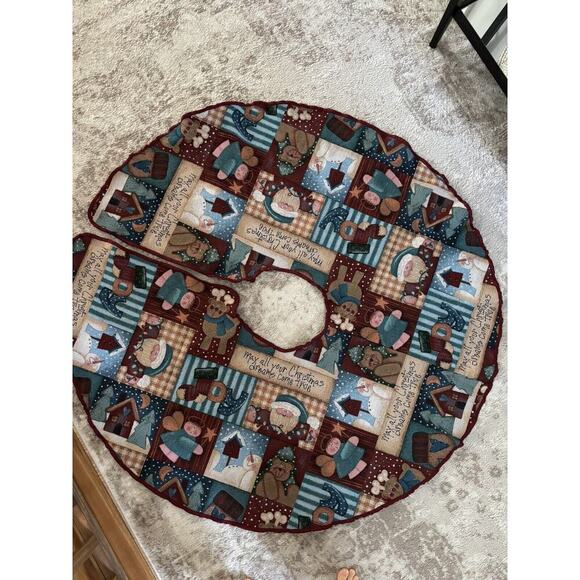 Y2K Christmas Tree Skirt Patchwork Quilted Angel Santa Vintage Blue Red 21 in - Picture 1 of 6